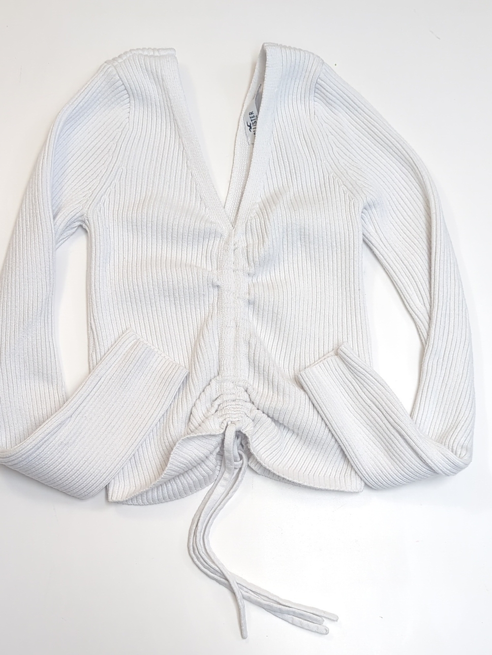 Hollister White Ribbed Ruched Drawstring V-Neck Top Size M